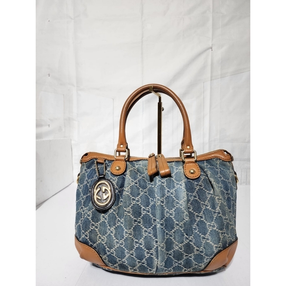 Gucci Denim GG and Leather Medium Sukey Top Handle Tote Bag Blue/Brown - Picture 1 of 16